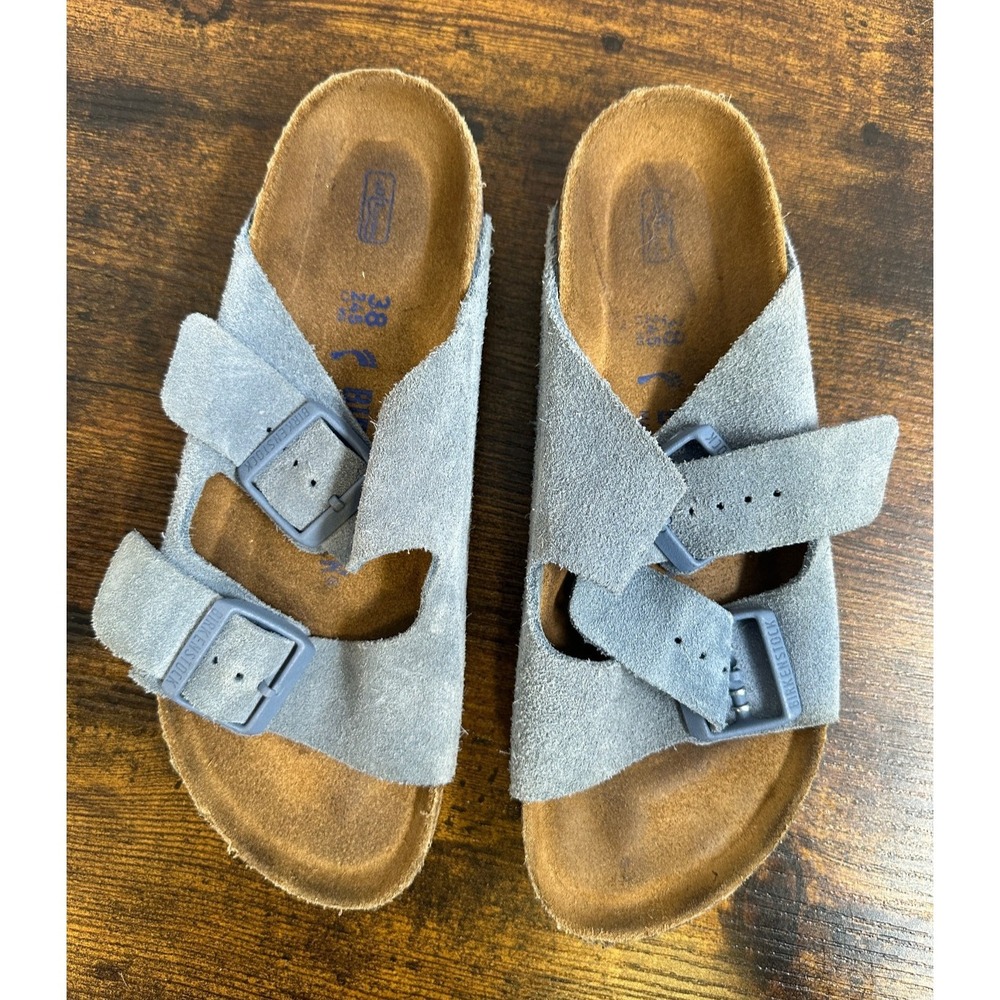 Birkenstock Arizona Soft Footbed Suede Sandals Buckle Blue Slides Size 38 L7 M9 - Picture 8 of 14